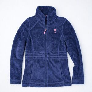 Lilly Pulitzer Maddie Fleece Jacket XS Blue Full Zip Pink Palm Logo Soft Cozy